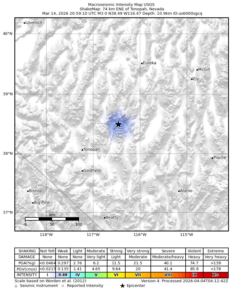 USGS ShakeMap intensity contours for the M3.4 earthquake near 74 km ENE of Tonopah, Nevada