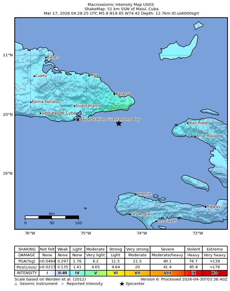 USGS ShakeMap intensity contours for the M5.8 earthquake near 51 km SSW of Maisí, Cuba