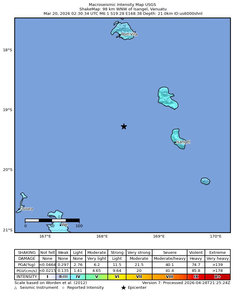 USGS ShakeMap intensity contours for the M6.1 earthquake near 98 km WNW of Isangel, Vanuatu