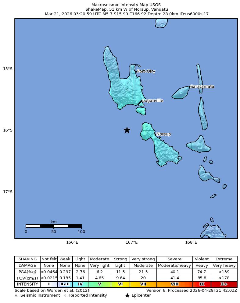 USGS ShakeMap intensity contours for the M5.7 earthquake near 51 km W of Norsup, Vanuatu