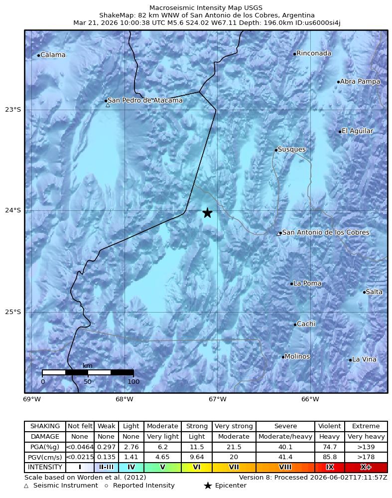 USGS ShakeMap intensity contours for the M5.6 earthquake near 82 km WNW of San Antonio de los Cobres, Argentina