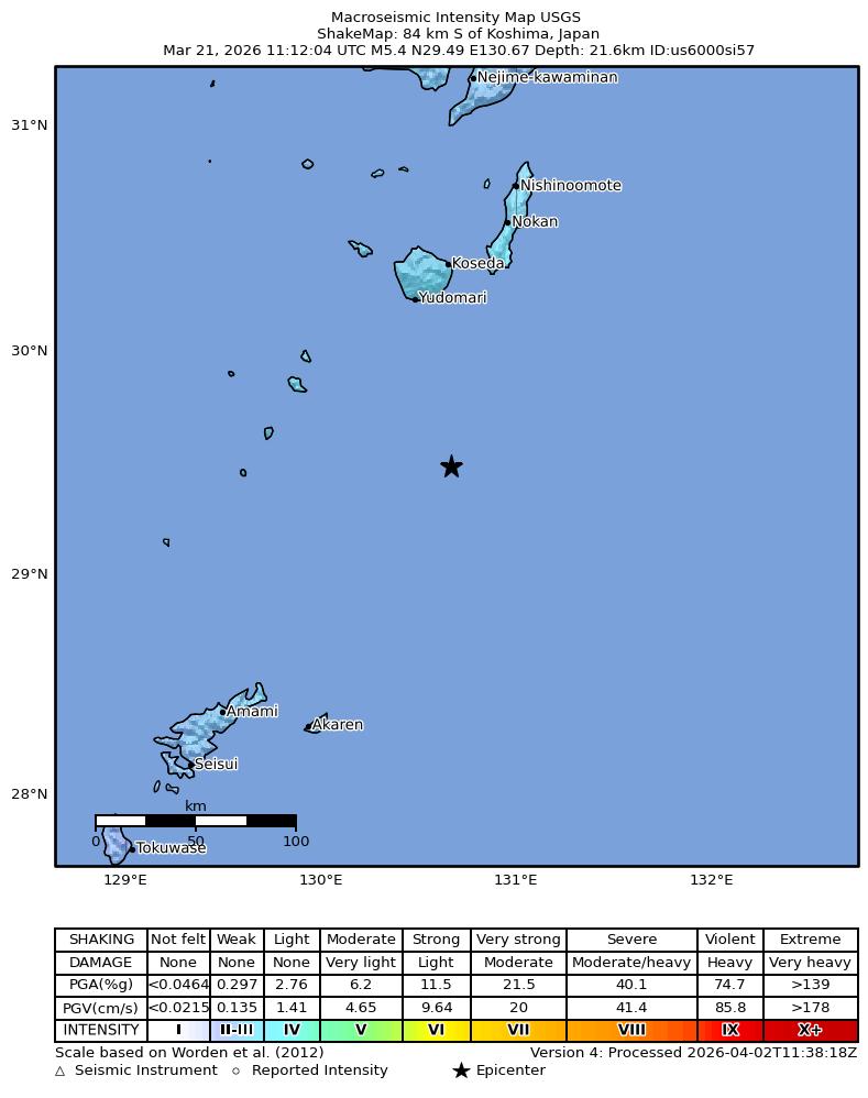 USGS ShakeMap intensity contours for the M5.4 earthquake near 84 km S of Koshima, Japan