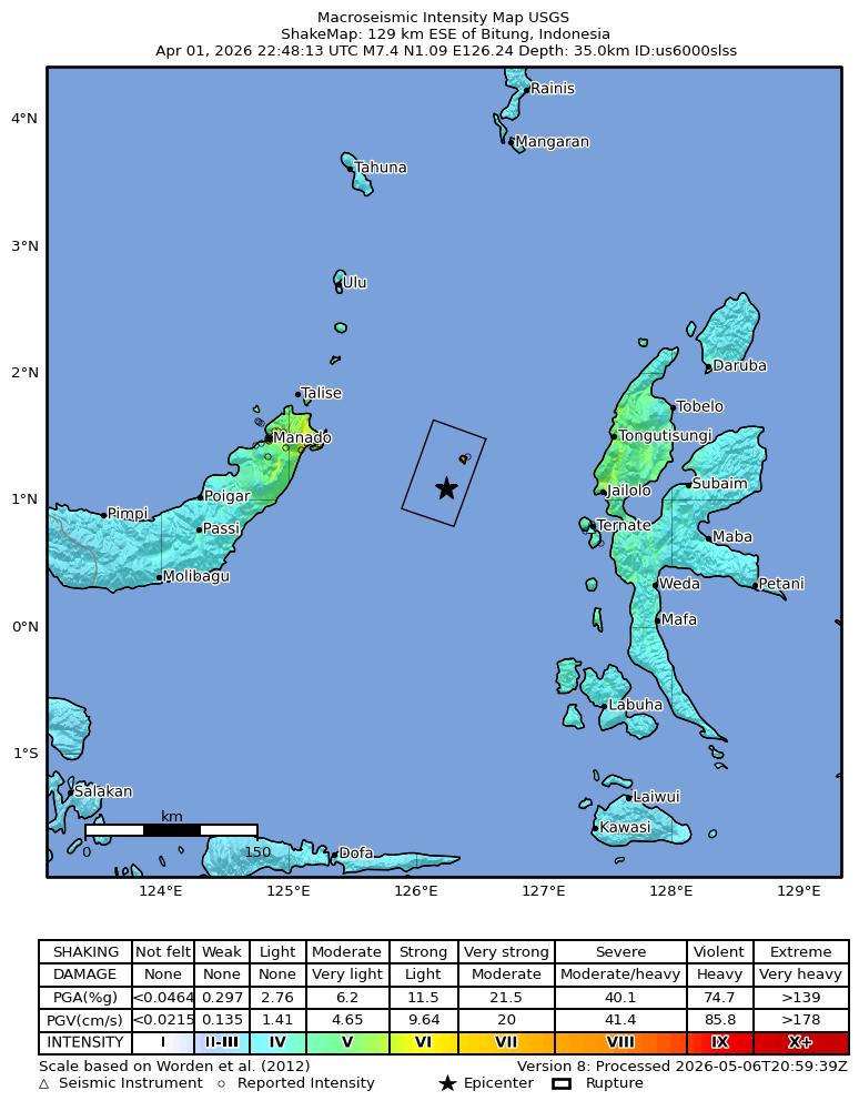 USGS ShakeMap intensity contours for the M7.4 earthquake near 129 km ESE of Bitung, Indonesia