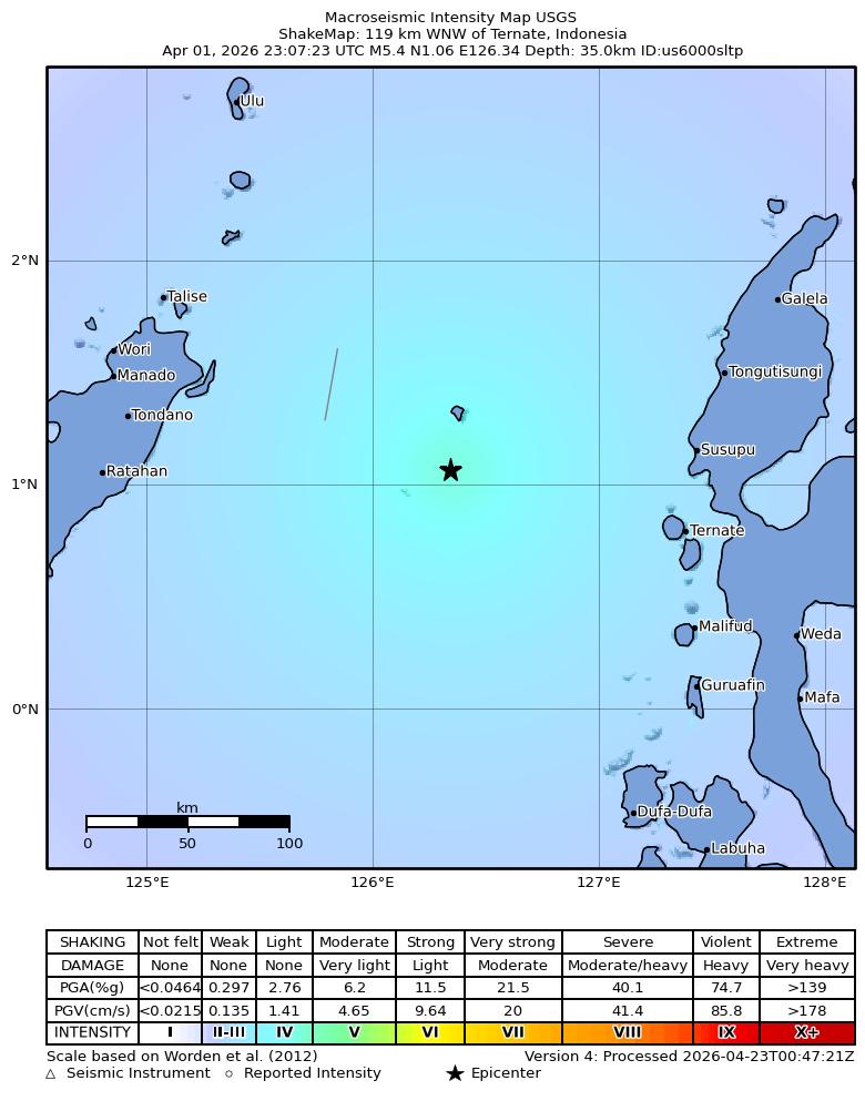 USGS ShakeMap intensity contours for the M5.4 earthquake near 119 km WNW of Ternate, Indonesia