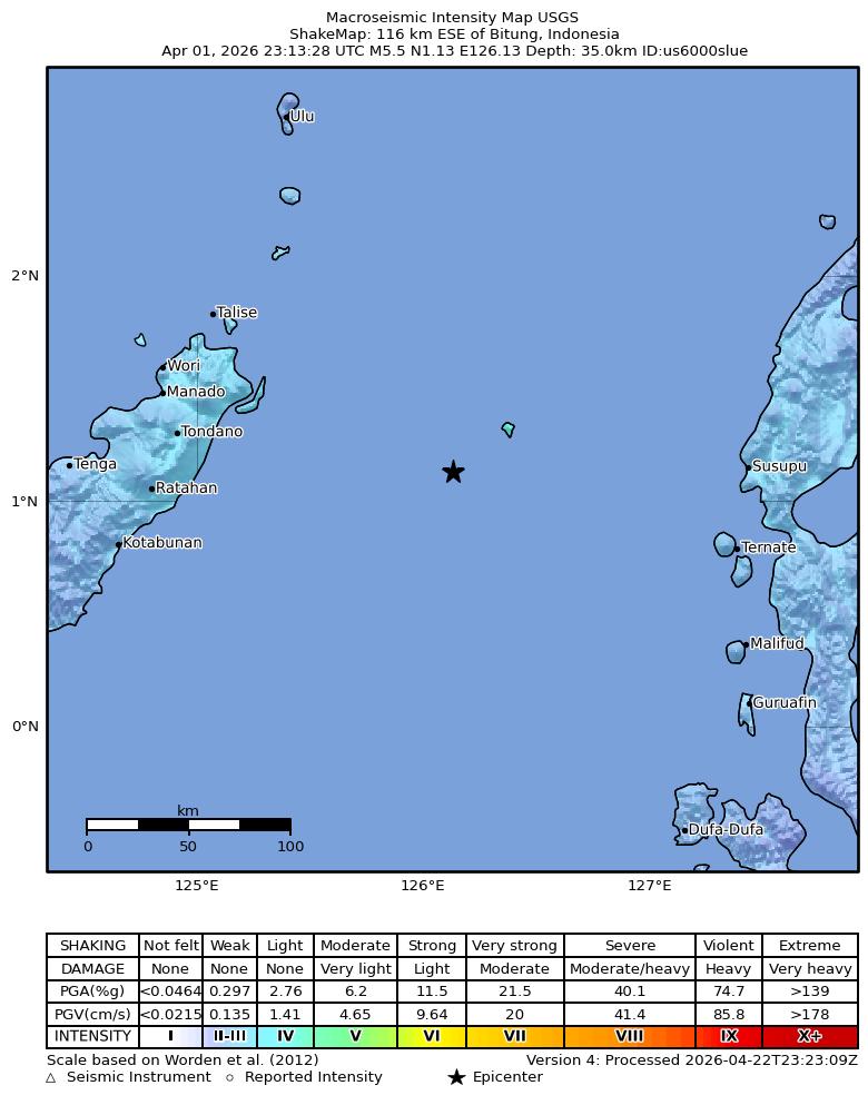 USGS ShakeMap intensity contours for the M5.5 earthquake near 116 km ESE of Bitung, Indonesia