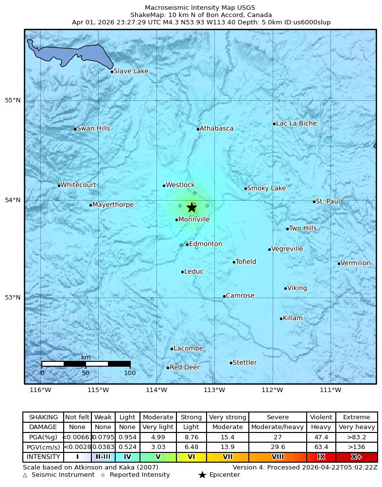 USGS ShakeMap intensity contours for the M4.3 earthquake near 10 km N of Bon Accord, Canada
