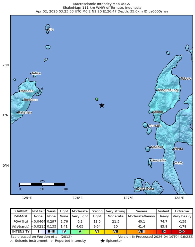 USGS ShakeMap intensity contours for the M6.2 earthquake near 111 km WNW of Ternate, Indonesia