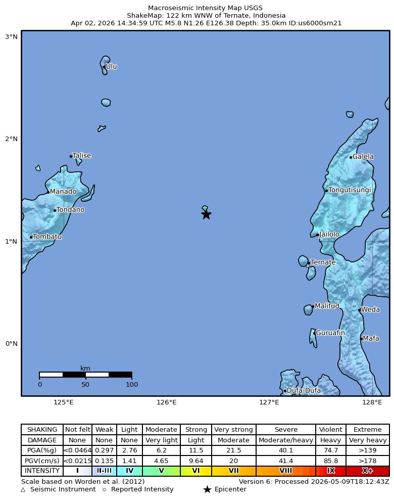 USGS ShakeMap intensity contours for the M5.8 earthquake near 122 km WNW of Ternate, Indonesia
