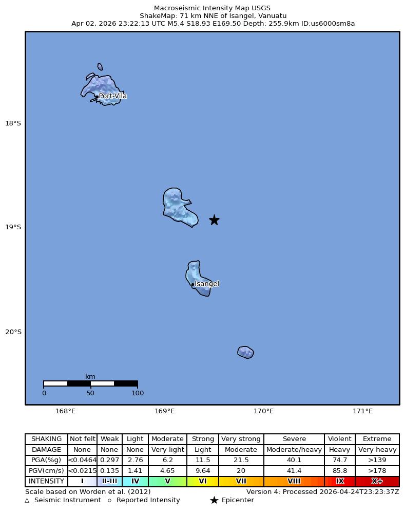 USGS ShakeMap intensity contours for the M5.4 earthquake near 71 km NNE of Isangel, Vanuatu