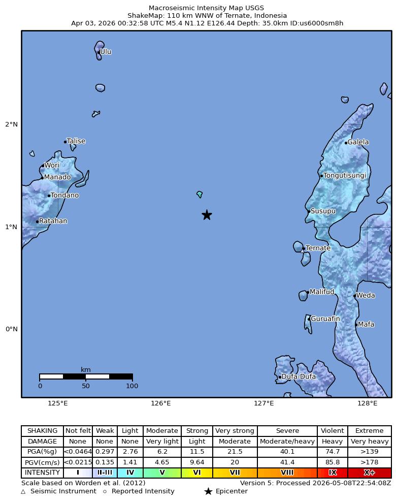 USGS ShakeMap intensity contours for the M5.4 earthquake near 110 km WNW of Ternate, Indonesia