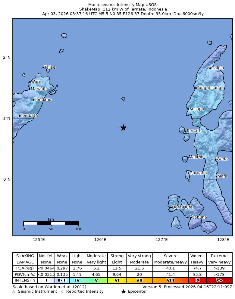 USGS ShakeMap intensity contours for the M5.5 earthquake near 112 km W of Ternate, Indonesia