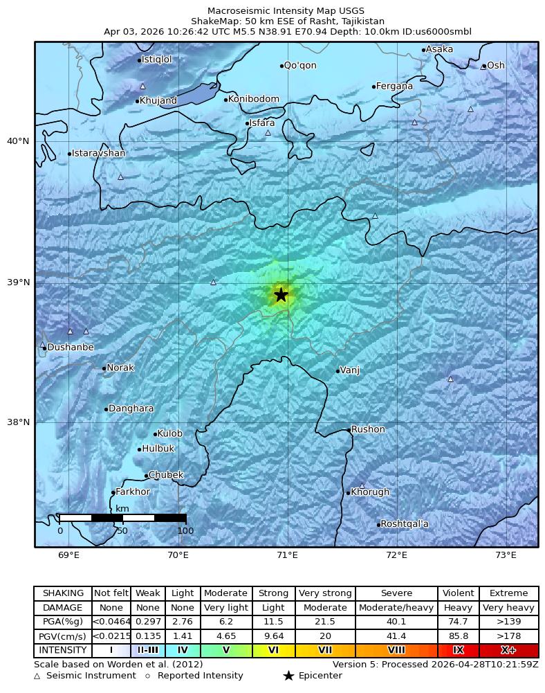 USGS ShakeMap intensity contours for the M5.5 earthquake near 50 km ESE of Rasht, Tajikistan