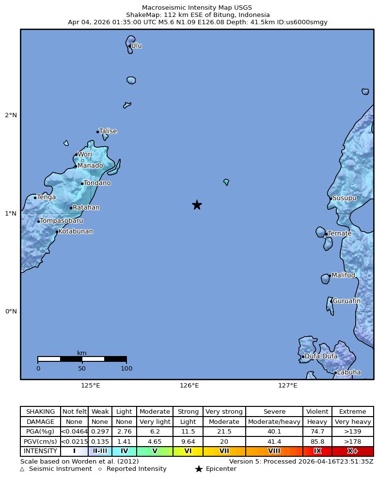 USGS ShakeMap intensity contours for the M5.6 earthquake near 112 km ESE of Bitung, Indonesia
