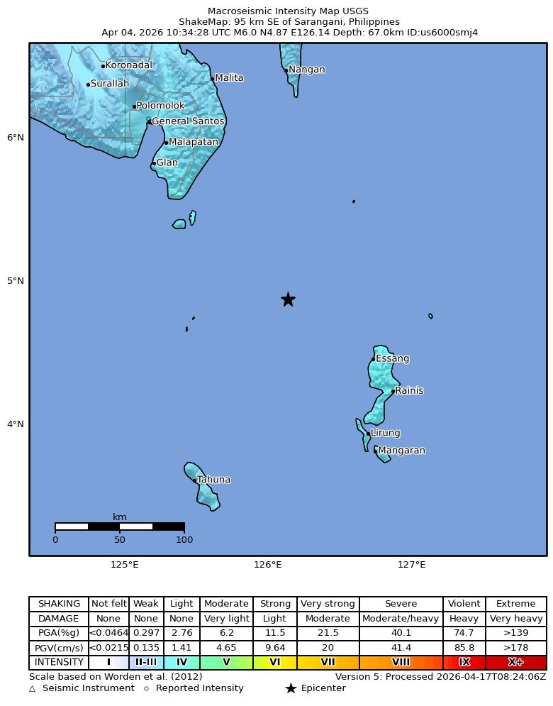 USGS ShakeMap intensity contours for the M6.0 earthquake near 95 km SE of Sarangani, Philippines