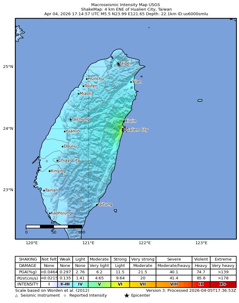 USGS ShakeMap intensity contours for the M5.2 earthquake near 4 km NNE of Hualien City, Taiwan