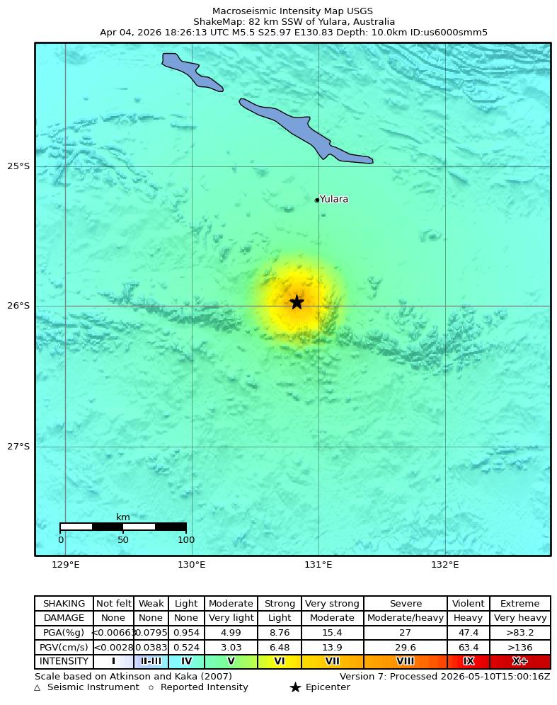 USGS ShakeMap intensity contours for the M5.5 earthquake near 82 km SSW of Yulara, Australia