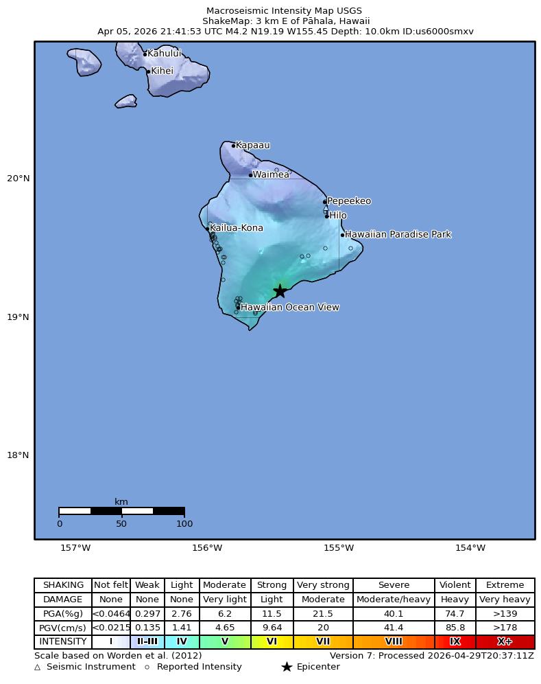 USGS ShakeMap intensity contours for the M4.0 earthquake near 3 km E of Pāhala, Hawaii