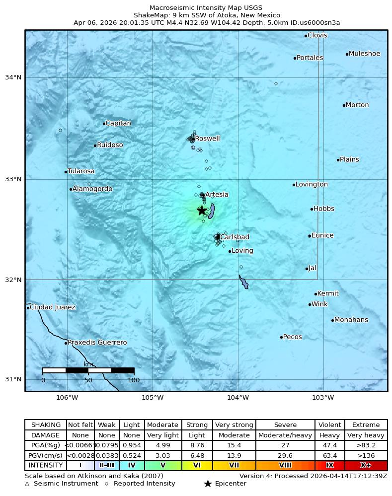 USGS ShakeMap intensity contours for the M4.4 earthquake near 9 km SSW of Atoka, New Mexico