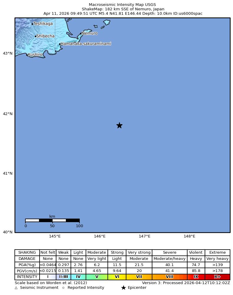 USGS ShakeMap intensity contours for the M5.2 earthquake near 185 km SSE of Nemuro, Japan