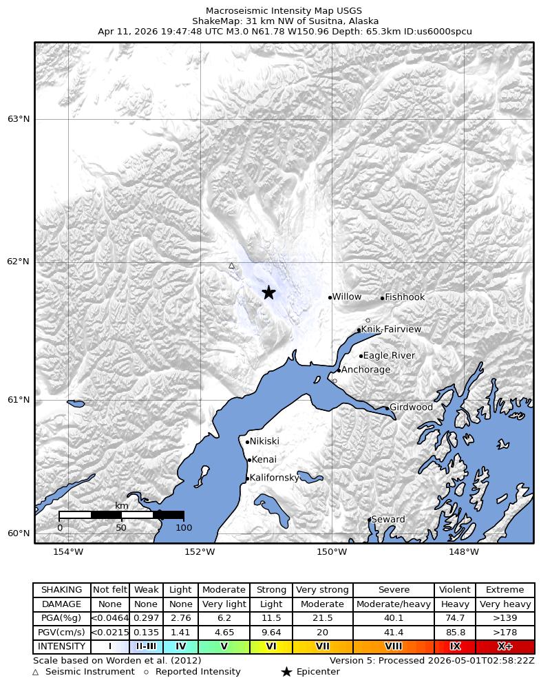 USGS ShakeMap intensity contours for the M3.0 earthquake near 31 km NW of Susitna, Alaska