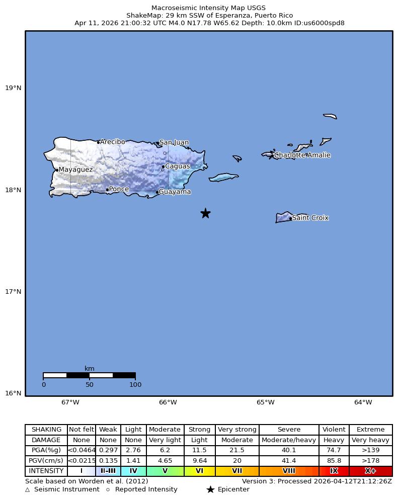 USGS ShakeMap intensity contours for the M3.7 earthquake near 29 km SSW of Esperanza, Puerto Rico