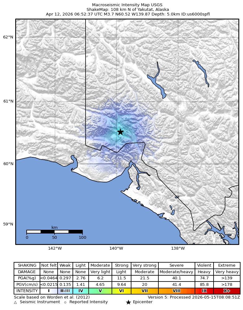 USGS ShakeMap: estimated shaking intensity around the epicenter