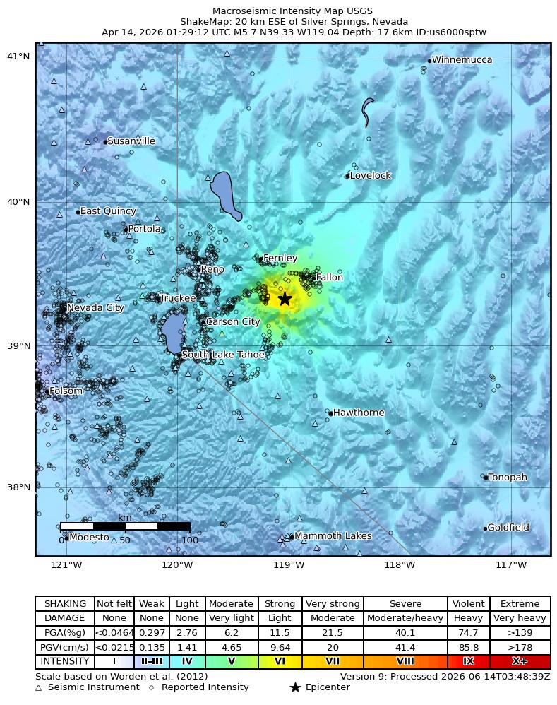 USGS ShakeMap intensity contours for the M5.7 earthquake near 20 km ESE of Silver Springs, Nevada
