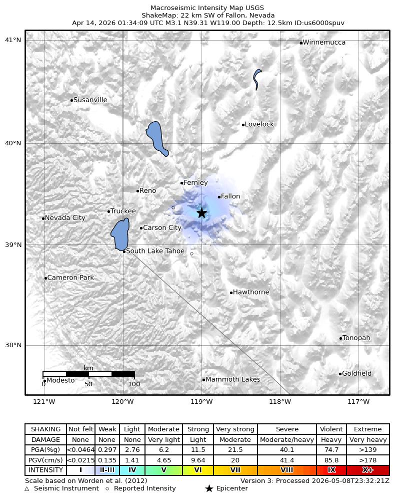 USGS ShakeMap: estimated shaking intensity around the epicenter