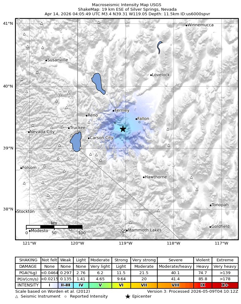 USGS ShakeMap: estimated shaking intensity around the epicenter