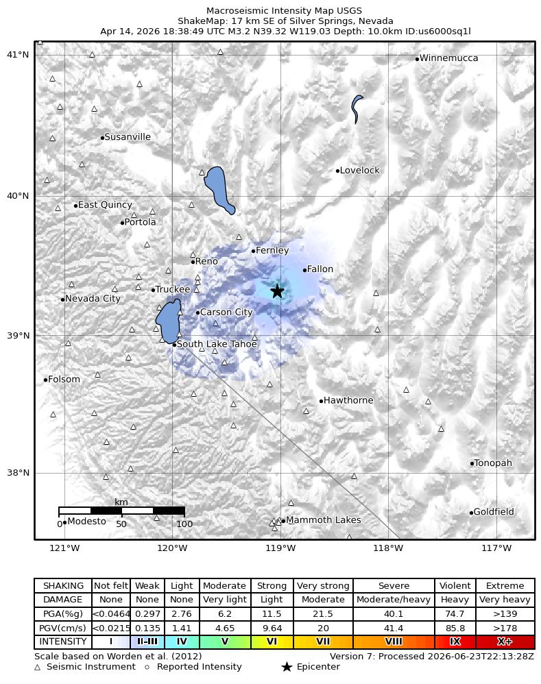 USGS ShakeMap intensity contours for the M3.5 earthquake near 17 km SE of Silver Springs, Nevada
