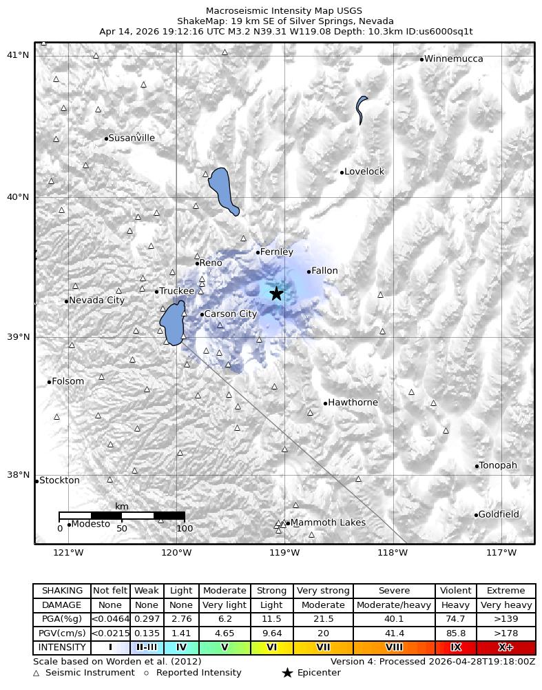 USGS ShakeMap intensity contours for the M3.4 earthquake near 19 km SE of Silver Springs, Nevada