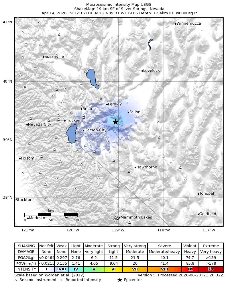 USGS ShakeMap intensity contours for the M3.4 earthquake near 19 km SE of Silver Springs, Nevada