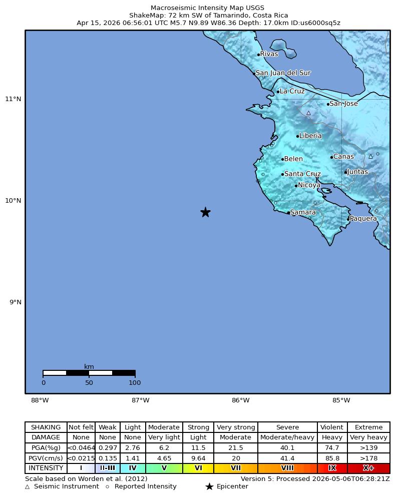 USGS ShakeMap intensity contours for the M5.7 earthquake near 72 km SW of Tamarindo, Costa Rica