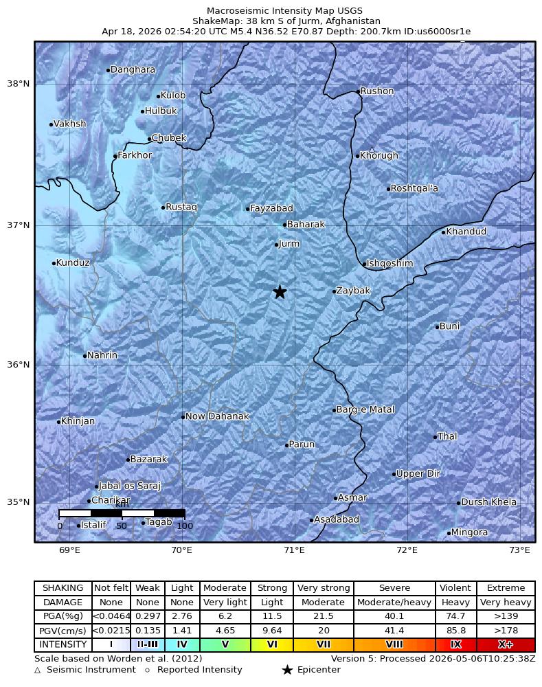 USGS ShakeMap intensity contours for the M5.4 earthquake near 38 km S of Jurm, Afghanistan