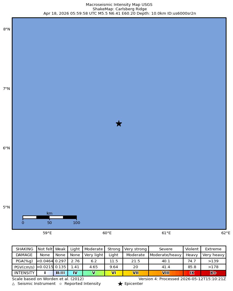 USGS ShakeMap intensity contours for the M5.5 earthquake near Carlsberg Ridge