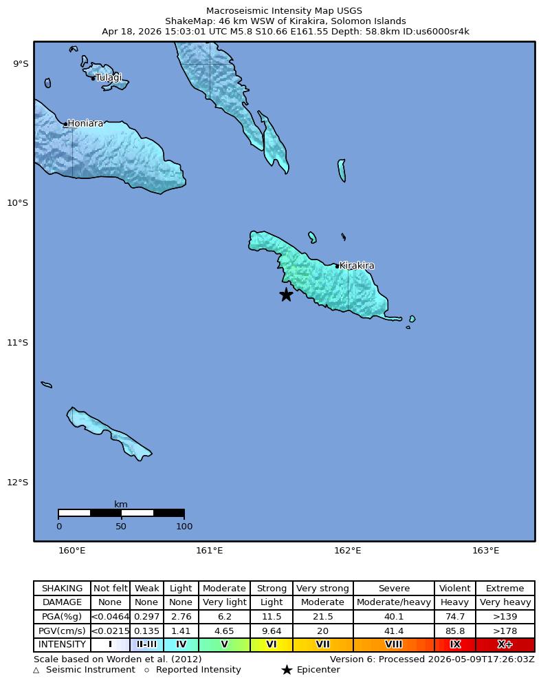 USGS ShakeMap intensity contours for the M5.8 earthquake near 46 km WSW of Kirakira, Solomon Islands