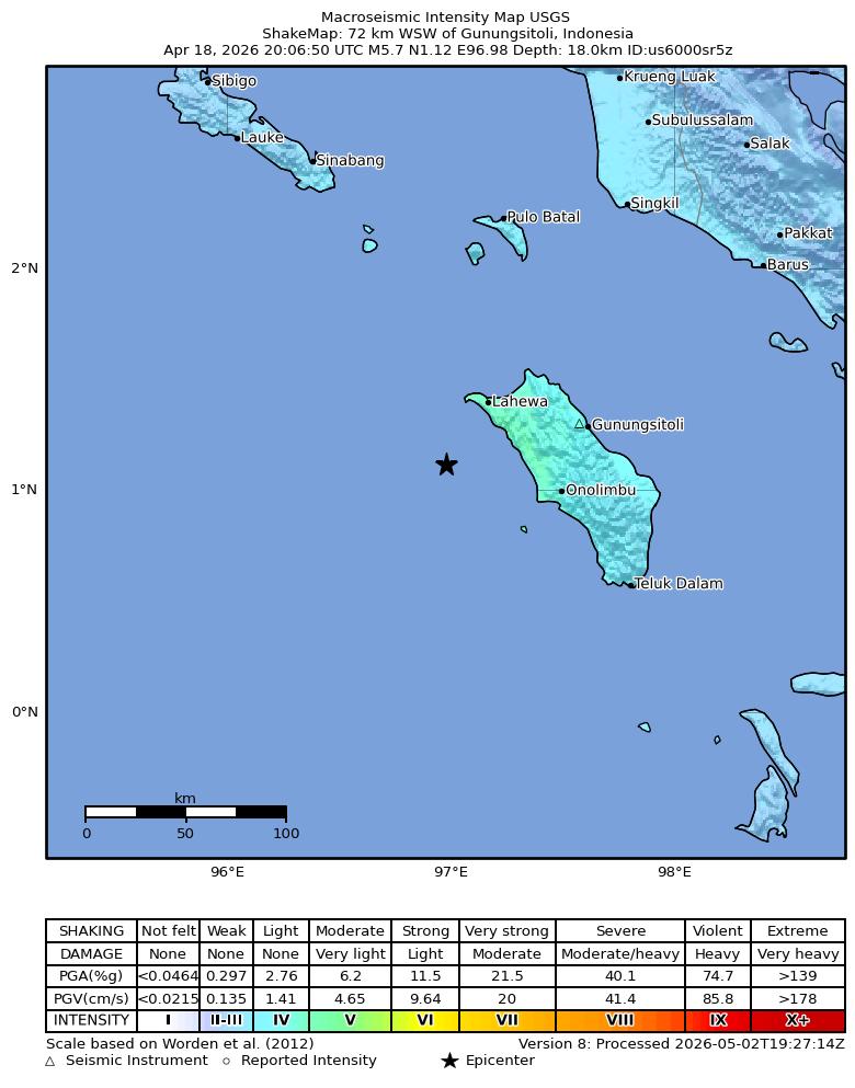 USGS ShakeMap intensity contours for the M5.7 earthquake near 72 km WSW of Gunungsitoli, Indonesia