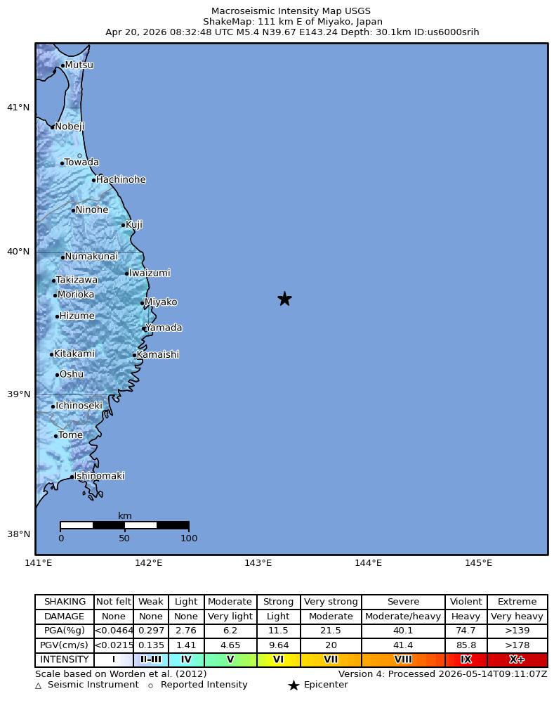 USGS ShakeMap intensity contours for the M5.4 earthquake near 111 km E of Miyako, Japan
