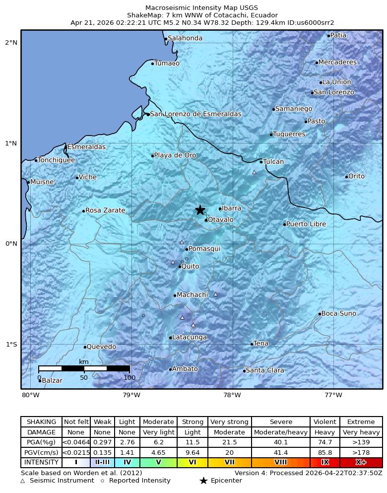 USGS ShakeMap intensity contours for the M5.2 earthquake near 4 km N of Cotacachi, Ecuador