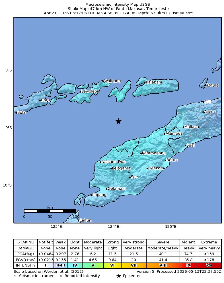 USGS ShakeMap intensity contours for the M5.4 earthquake near 47 km NW of Pante Makasar, Timor Leste