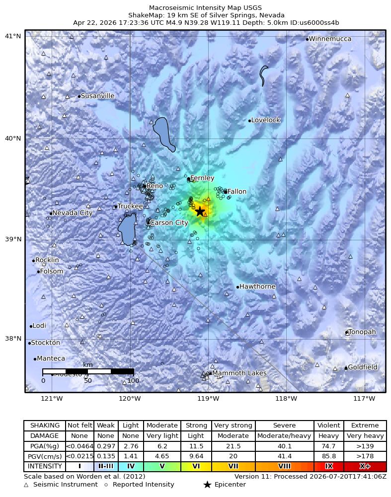 USGS ShakeMap intensity contours for the M4.8 earthquake near 19 km SE of Silver Springs, Nevada