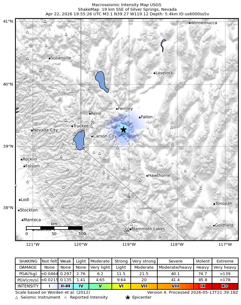 USGS ShakeMap intensity contours for the M3.1 earthquake near 19 km SSE of Silver Springs, Nevada