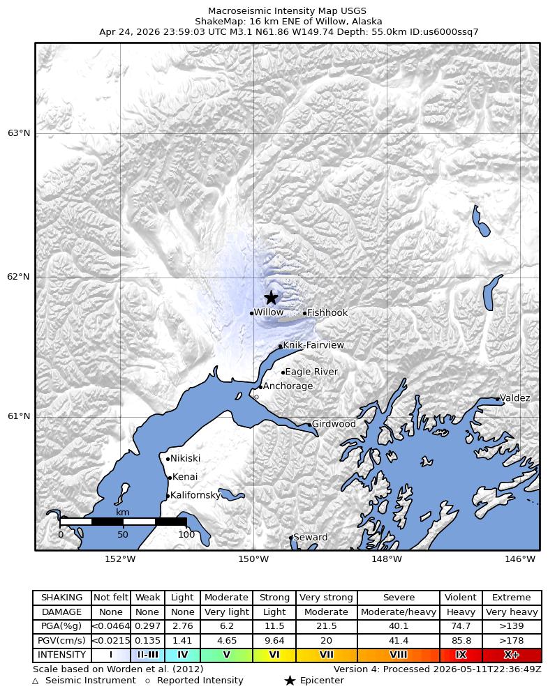 USGS ShakeMap intensity contours for the M3.1 earthquake near 16 km ENE of Willow, Alaska