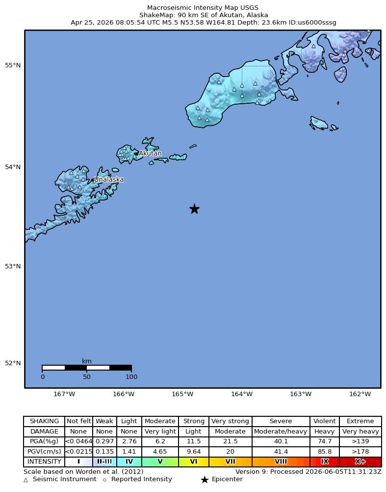 USGS ShakeMap intensity contours for the M5.5 earthquake near 88 km SE of Akutan, Alaska