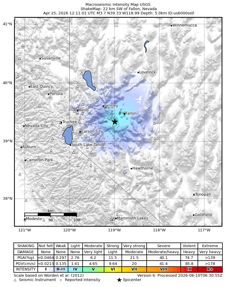 USGS ShakeMap: estimated shaking intensity around the epicenter