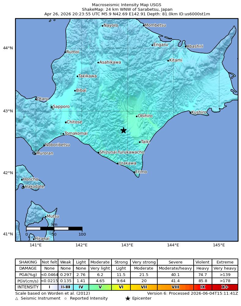 USGS ShakeMap intensity contours for the M5.9 earthquake near 22 km W of Sarabetsu, Japan