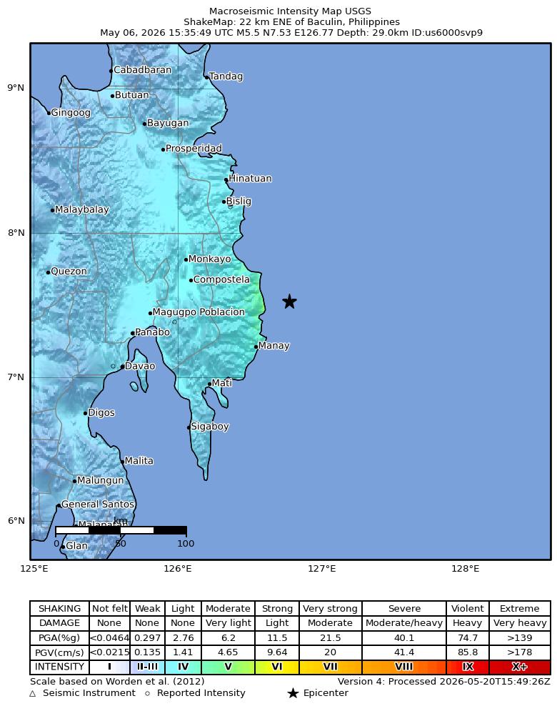 USGS ShakeMap intensity contours for the M5.5 earthquake near 22 km ENE of Baculin, Philippines