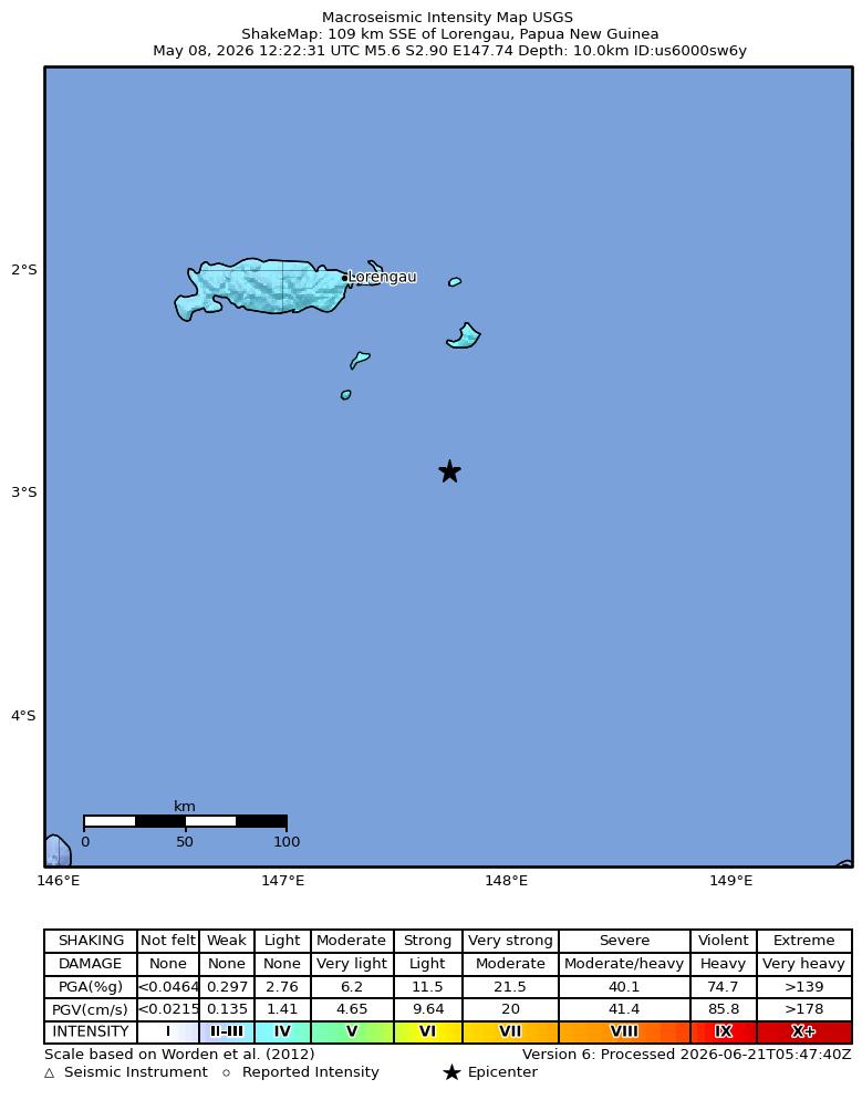 USGS ShakeMap intensity contours for the M5.6 earthquake near 109 km SSE of Lorengau, Papua New Guinea