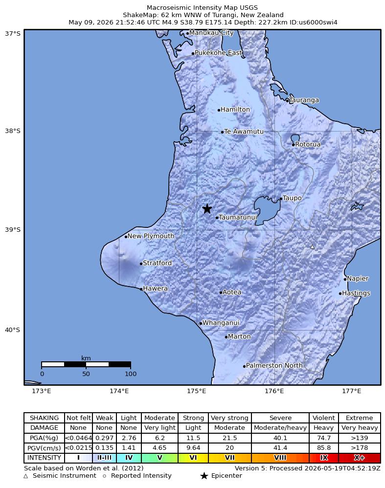 USGS ShakeMap intensity contours for the M4.9 earthquake near 62 km WNW of Turangi, New Zealand