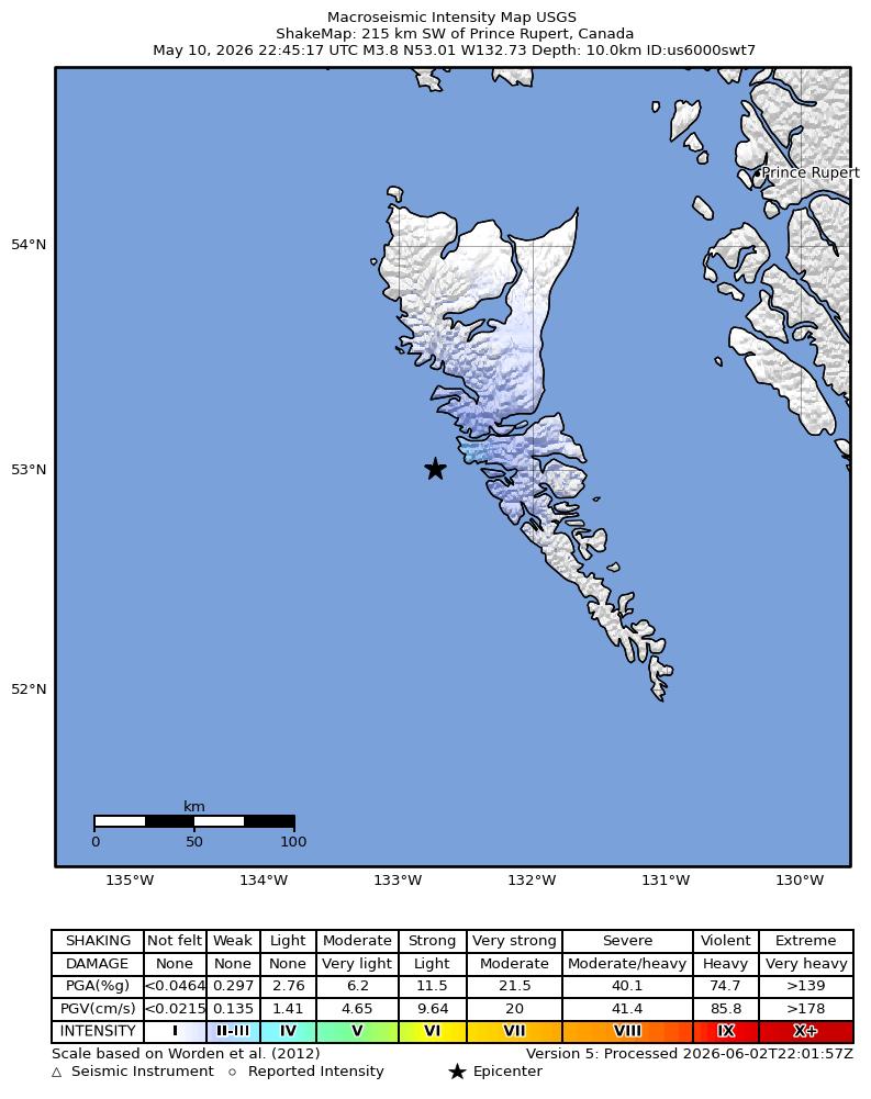 USGS ShakeMap intensity contours for the M3.8 earthquake near 215 km SW of Prince Rupert, Canada